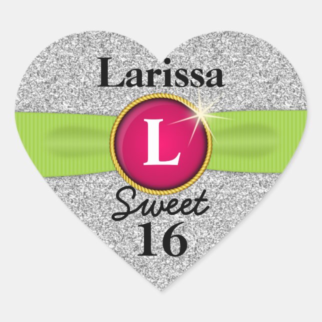 Sweet 16 Faux Ribbon Jewel Silver Glitter Heart Heart Sticker (Front)