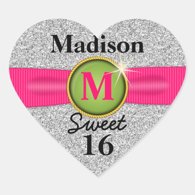 Sweet 16 Faux Ribbon Jewel Silver Glitter Heart Heart Sticker (Front)