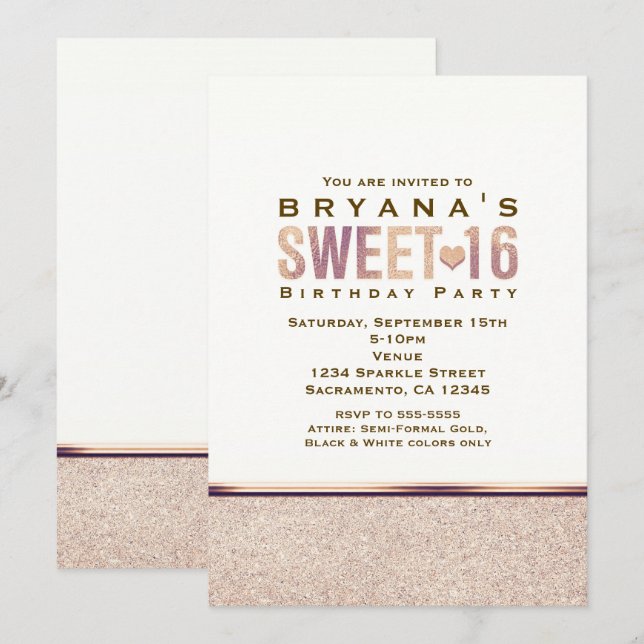 SWEET 16 Faux Rose Gold Champagne Party Invitation (Front/Back)