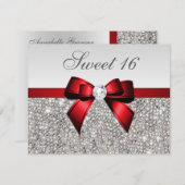 Sweet 16 Faux Silver Sequins Diamonds Red Bow Invitation (Front/Back)