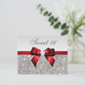 Sweet 16 Faux Silver Sequins Diamonds Red Bow Invitation (Standing Front)