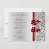Sweet 16 Faux Silver Sequins Diamonds Red Bow Invitation (Back)