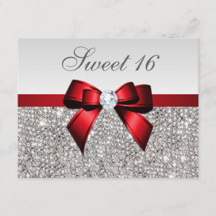 Sweet 16 Faux Silver Sequins Diamonds Red Bow Invitation