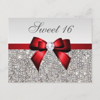 Sweet 16 Faux Silver Sequins Diamonds Red Bow Invitation by GroovyGraphics at Zazzle
