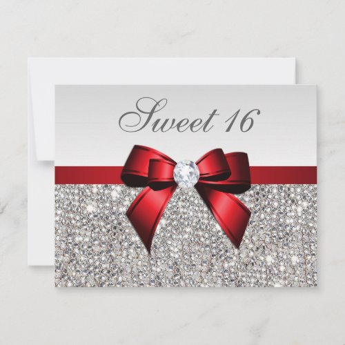 Sweet 16 Faux Silver Sequins Diamonds Red Bow Invitation
