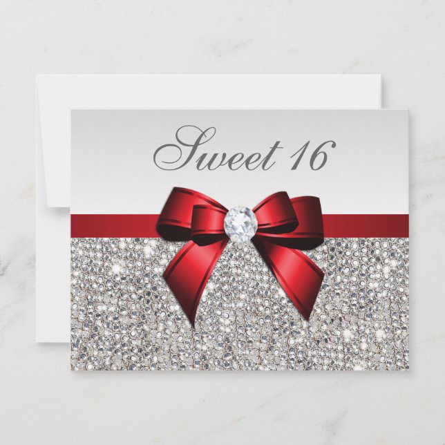Sweet 16 Faux Silver Sequins Diamonds Red Bow Invitation (Front)