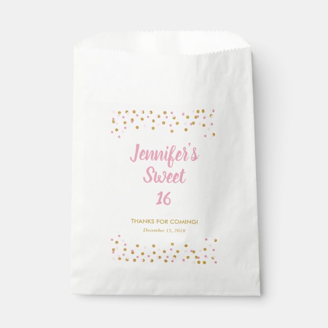 Sweet 16 Favor Bag Pink Gold Glitter Confetti (Front)