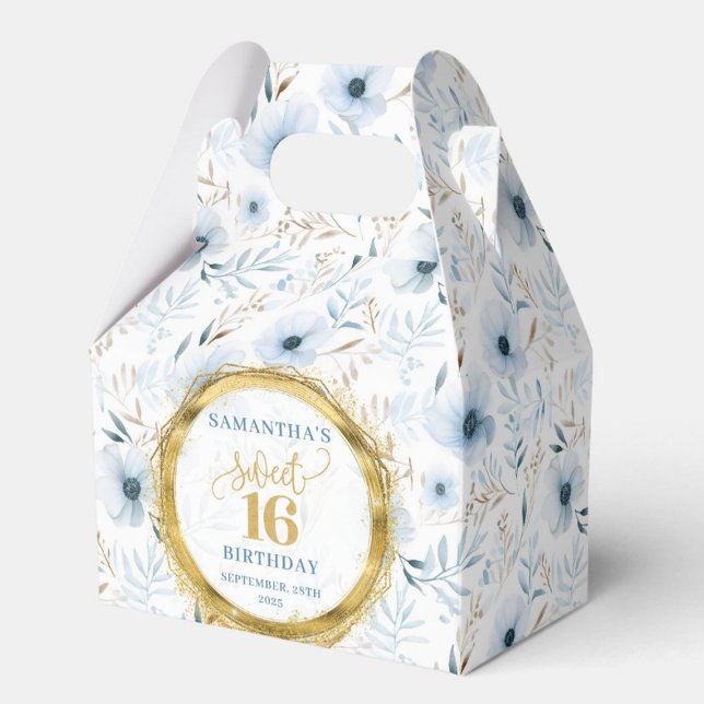Sweet 16 Favor Box Dusty Blue Floral Gold Glitter (Sweet 16 Favor Box Dusty Blue Floral Gold Glitter)