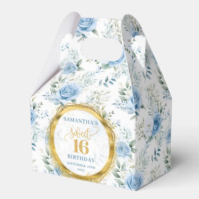 Sweet 16 Favor Box Dusty Blue Floral Gold Sparkles (Sweet 16 Favor Box Dusty Blue Floral Gold Sparkles)