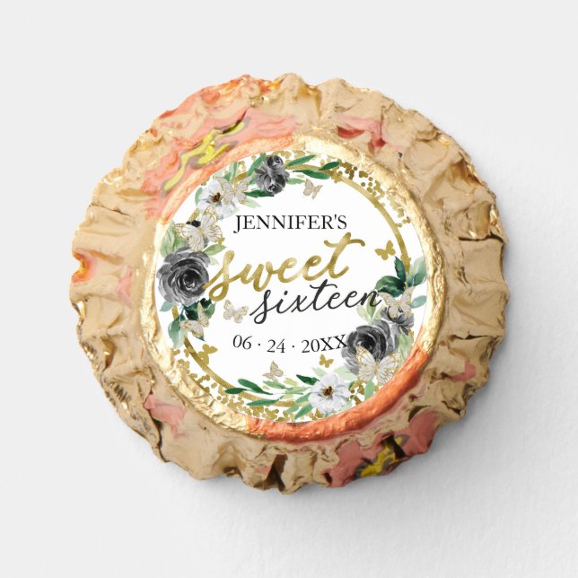 Sweet 16 Favor Floral Black Gold Butterfly  (Front)