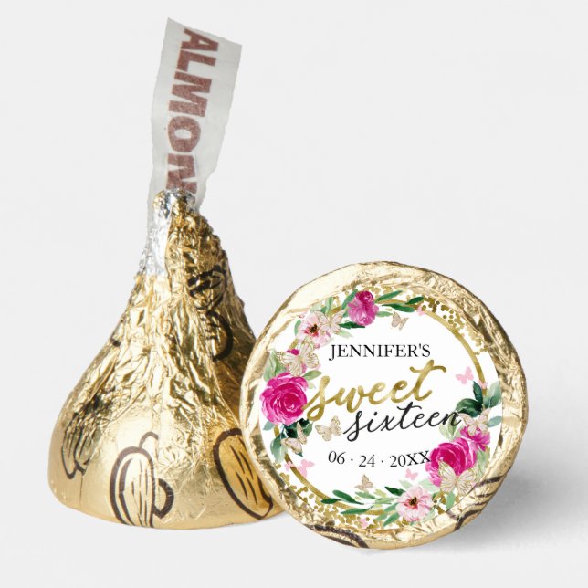 Sweet 16 Favor Floral Hot Pink Gold Butterfly  (Front)