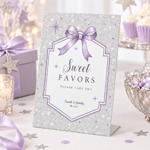 Sweet 16 Favors Sparkling Silver Violet Bow ID1333 Pedestal Sign