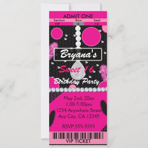 Sweet 16 Feathers Diamonds Pink Birthday Ticket Invitation