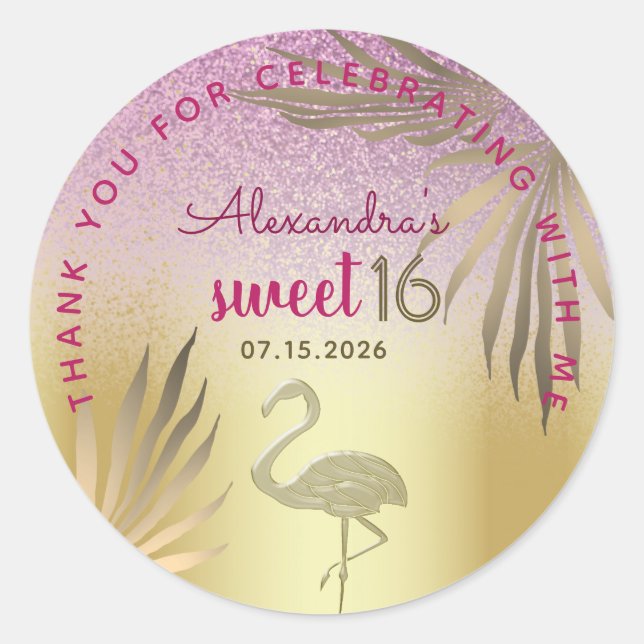 Sweet 16 Flamingo Gold Pink Thank You Classic Round Sticker (Front)
