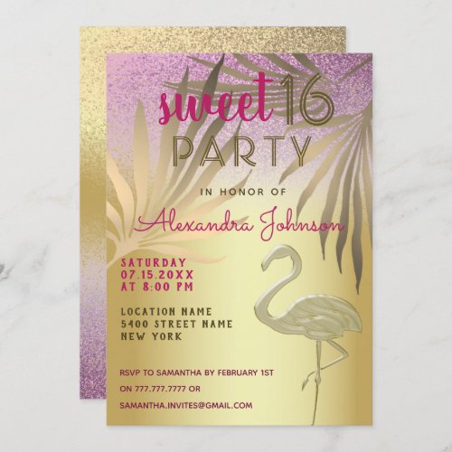 Sweet 16 Flamingo Pink and Gold Glitter Invitation