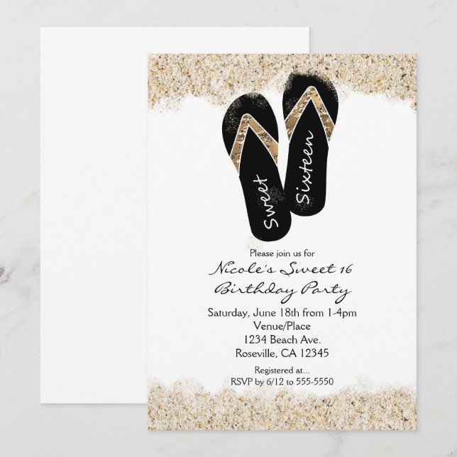 Sweet 16 Flip Flops Sandy Beach Party Invitations (Front/Back)