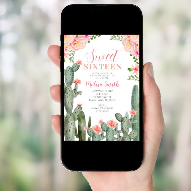 Sweet 16 Floral Cactus Succulent Birthday Girl  Invitation (Front Digital)