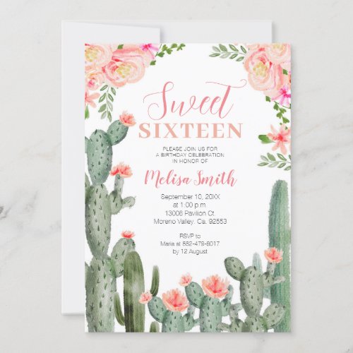 Sweet 16 Floral Cactus Succulent Birthday Girl  Invitation