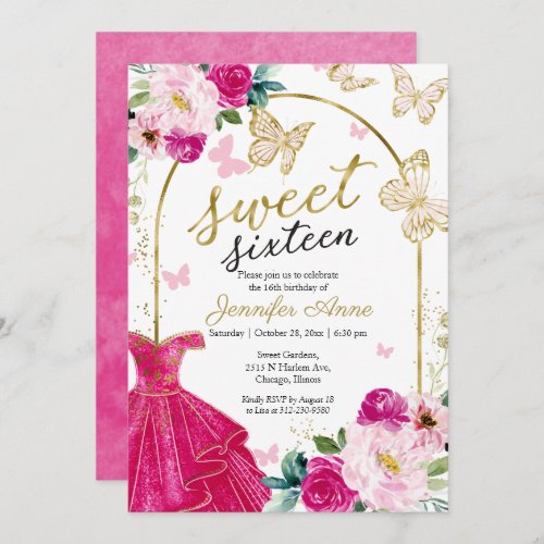 Sweet 16 Floral Dress Butterfly Hot Pink Gold Invitation