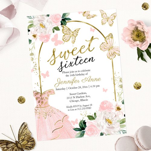 Sweet 16 Floral Dress Butterfly Invitation