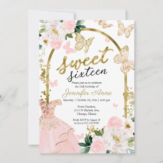 Sweet 16 Floral Dress Butterfly Invitation