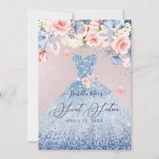 Sweet 16 Floral Dusty Blue Glitter Gown Invitation