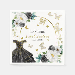 Sweet 16 Floral Gold Black Dress Butterfly Napkins