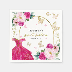 Sweet 16 Floral Hot Pink Dress Butterfly Napkins