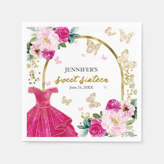Sweet 16 Floral Hot Pink Dress Butterfly Napkins (Front)