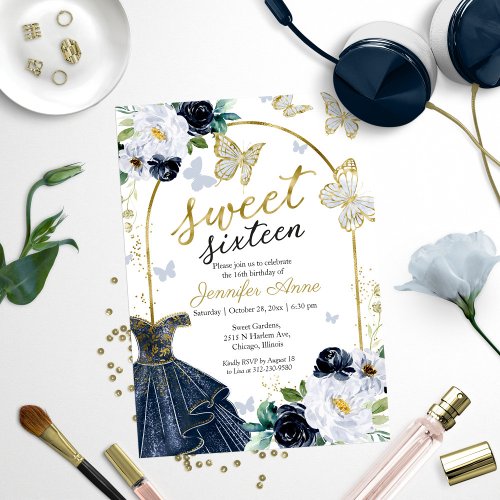 Sweet 16 Floral Navy Blue Dress Butterfly Invitation