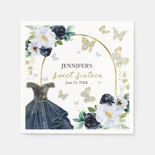 Sweet 16 Floral Navy Blue Dress Butterfly Napkins