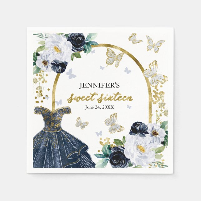 Sweet 16 Floral Navy Blue Dress Butterfly Napkins (Front)