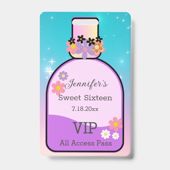sweet 16 floral perfume bottle holographic stylish badge (Front)