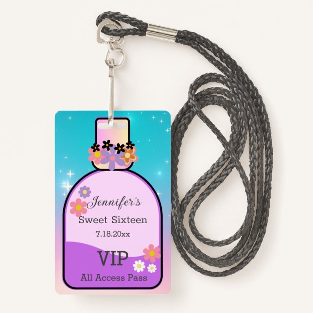 sweet 16 floral perfume bottle holographic stylish badge (Front with Lanyard)