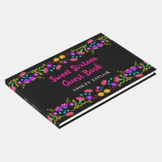 Sweet 16 Floral Pink and Black Mexican Flowers Guest Book