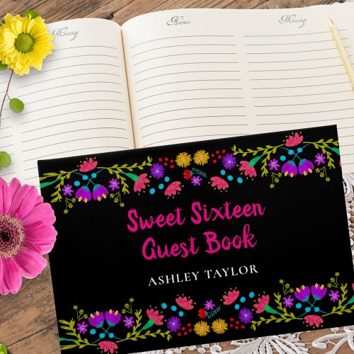 Sweet 16 Floral Pink and Black Mexican Flowers Guest Book