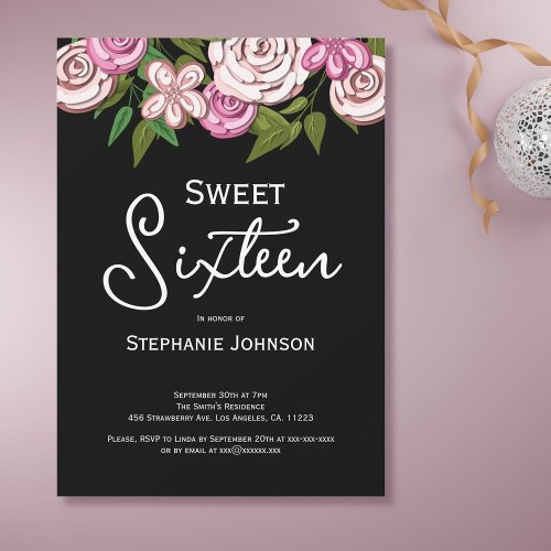 Sweet 16 Floral Pink Black Birthday Invitation