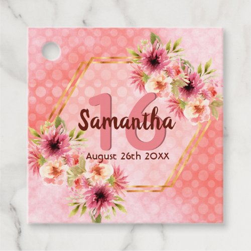 Sweet 16 floral pink rose gold geometric favor tags