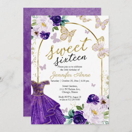 Sweet 16 Floral Purple Dress Butterfly Invitation