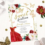 Sweet 16 Floral Red Dress Butterfly Invitation<br><div class="desc">Adorable, red gold floral, sweet sixteen birthday party invitations. Easy to personalize with your details. Please get in touch with me via chat if you have questions about the artwork or need customization. Check the collection for more items. PLEASE NOTE: For assistance on orders, shipping, product information, etc., contact Zazzle...</div>