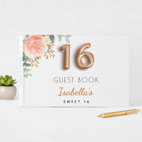 Sweet 16 floral rose gold eucalyptus monogram guest book