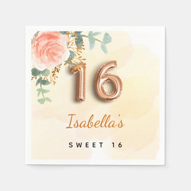 Sweet 16 floral rose gold eucalyptus monogram napkins (Front)