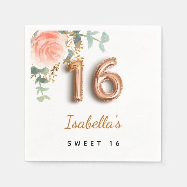 Sweet 16 floral rose gold eucalyptus monogram  napkins (Front)