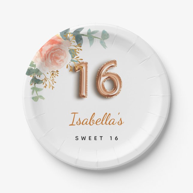 Sweet 16 floral rose gold eucalyptus monogram paper plates (Front)
