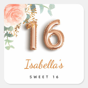 Sweet 16 floral rose gold eucalyptus monogram square sticker