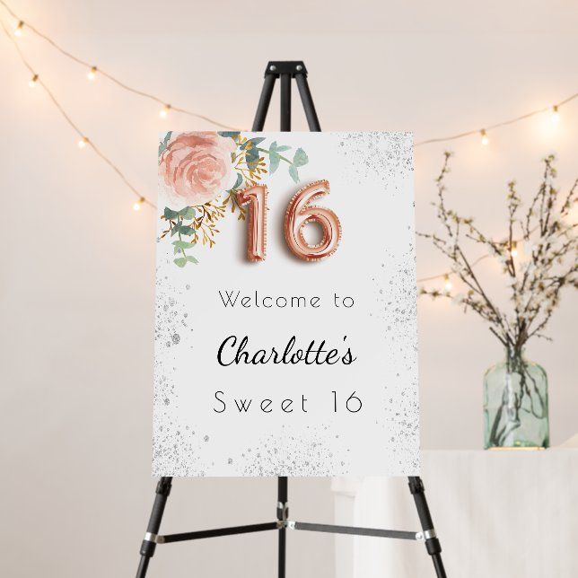 Sweet 16 floral rose gold glitter eucalyptus foam board (In Situ (Stand))