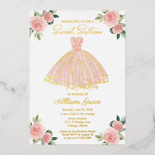 Sweet 16 Floral Watercolor Blush Pink Gold Foil Invitation