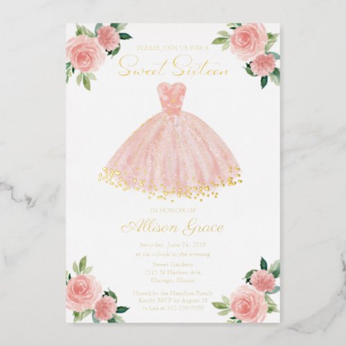 Sweet 16 Floral Watercolor Blush Pink Gold Foil Invitation