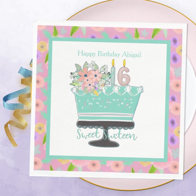 Sweet 16 Flowers and Cake Paper Napkin (Creator Uploaded)