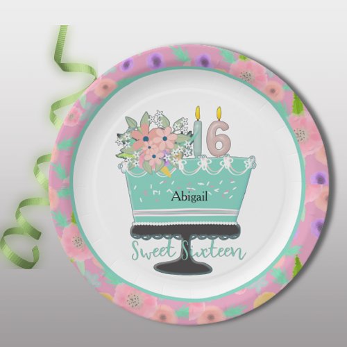 Sweet 16 Flowers and Cake Paper Plate